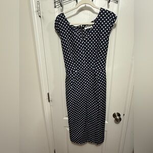 Closet London Dress Women’s 14 Navy Blue White Polka Dot Sleeveless Classic EUC